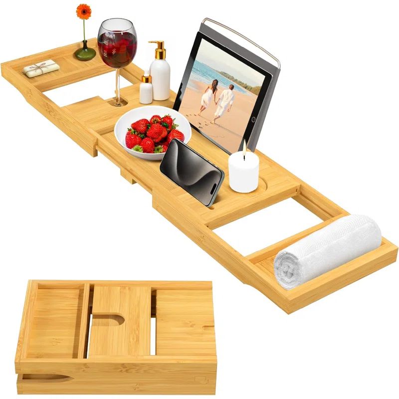 Natural Bamboo Expandable Freestanding Bathtub Tray with Holders