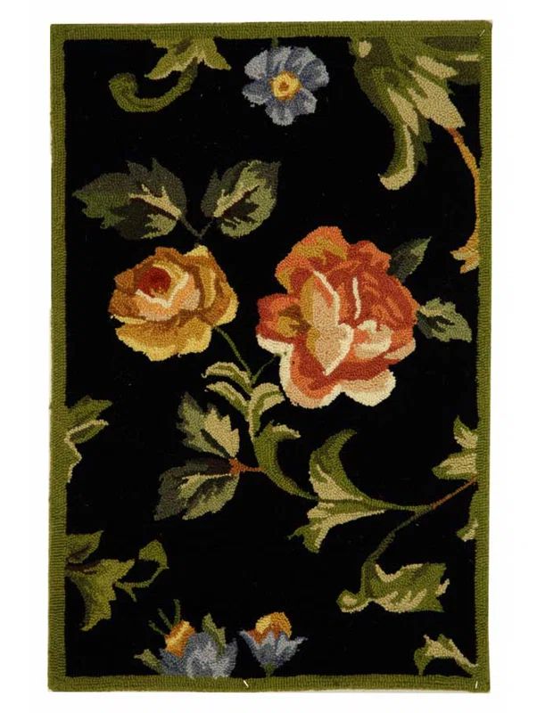 Handmade Black Floral Wool Rectangular Area Rug 30" x 20"