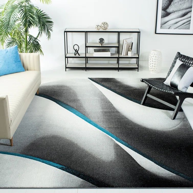 Large Blue and Gray Abstract Non-slip Synthetic Area Rug