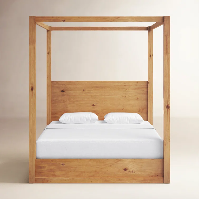 Natural Pine King-Size Canopy Bedframe with Slatted Headboard