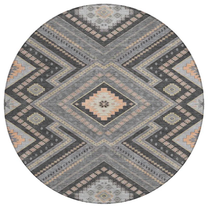 Gray Round Synthetic Flat Woven Washable Rug, 8' x 8'