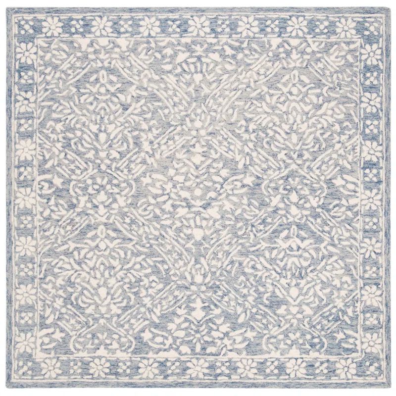 Blue and Ivory Floral Hand-Tufted Wool Square Rug