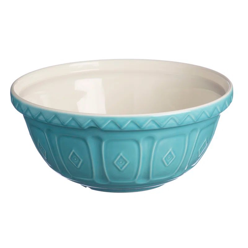 Turquoise Ceramic Mixing Bowl with Patterned Exterior, 14"