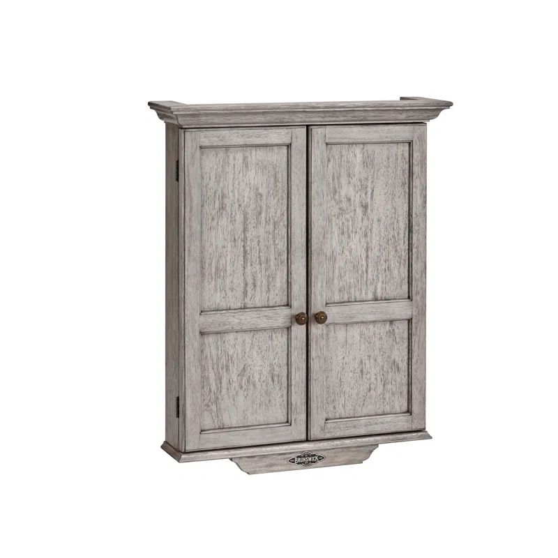 Rustic Gray Hardwood Dartboard Cabinet with Antique Bronze Accents