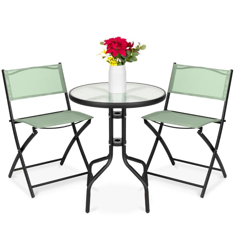 Sage Green Metal 3-Piece Bistro Set with Glass Tabletop