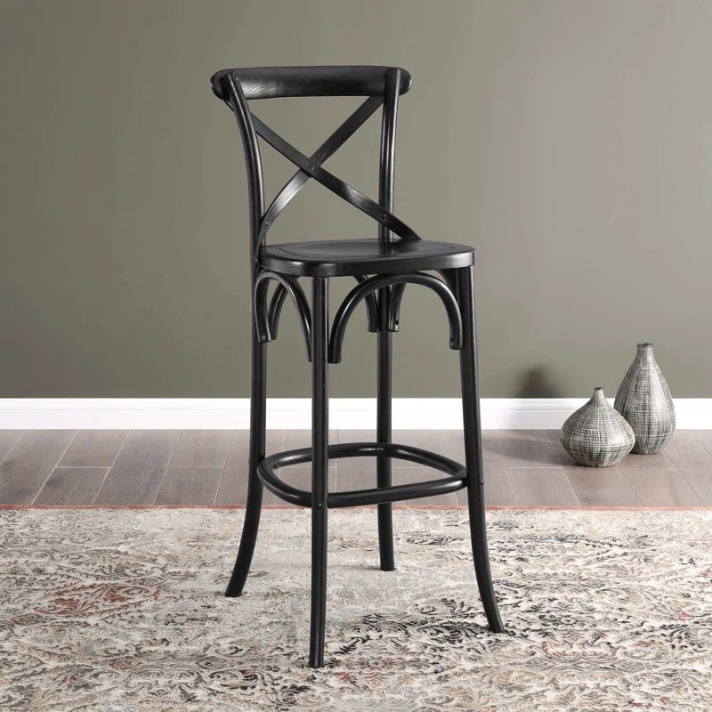 Modern Farmhouse Elm Wood Bar Stool with X-Brace Back in Black