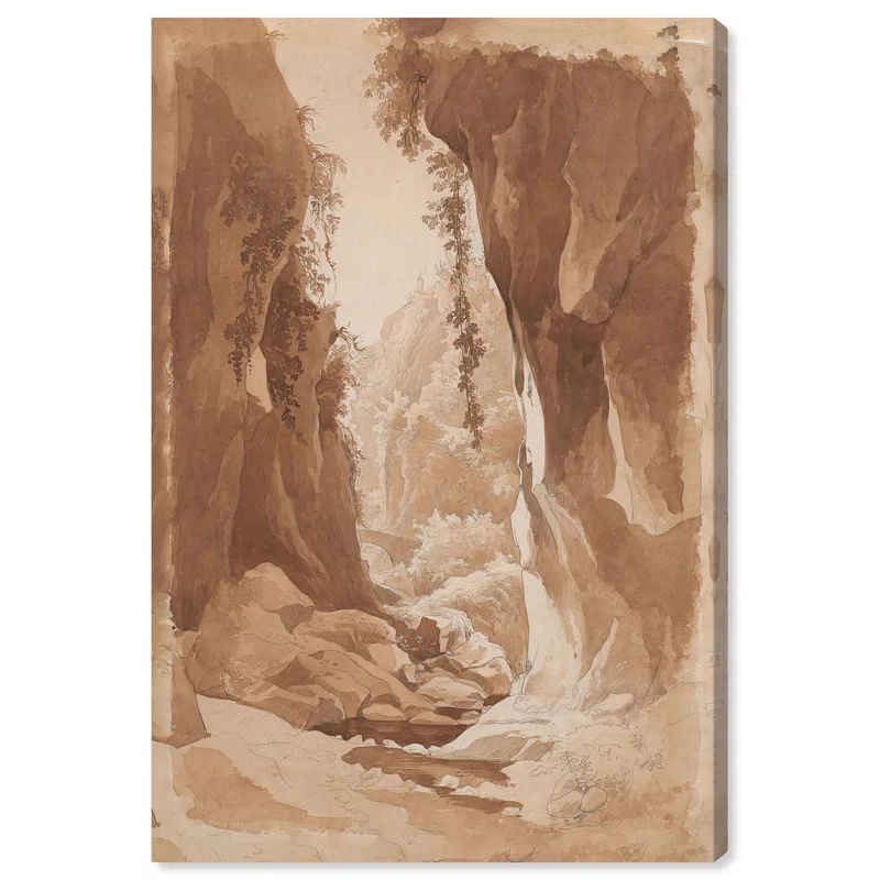 Vintage Landscape Wrapped Canvas Art in Blue and Brown