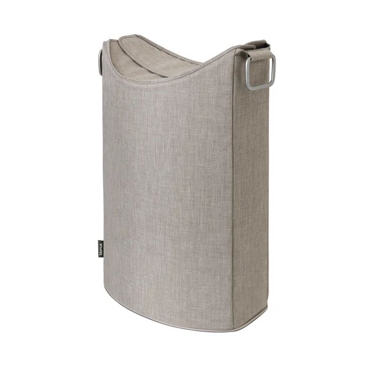 Beige Collapsible Laundry Bin with Lid and Aluminum Rings