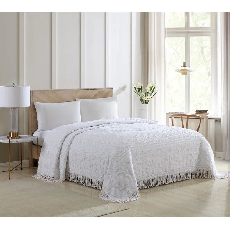 King Size White Cotton Chenille Medallion Bedspread