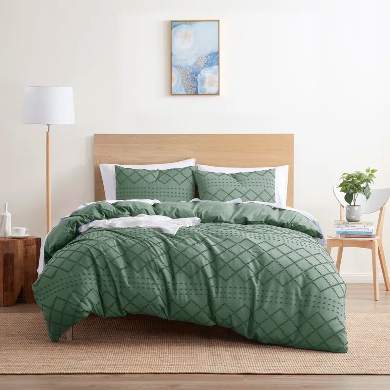 Green Microfiber Twin Duvet Cover Set with Embroidery