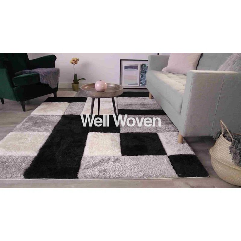 San Francisco Black and Gray Geometric Shag Area Rug 5' x 7'