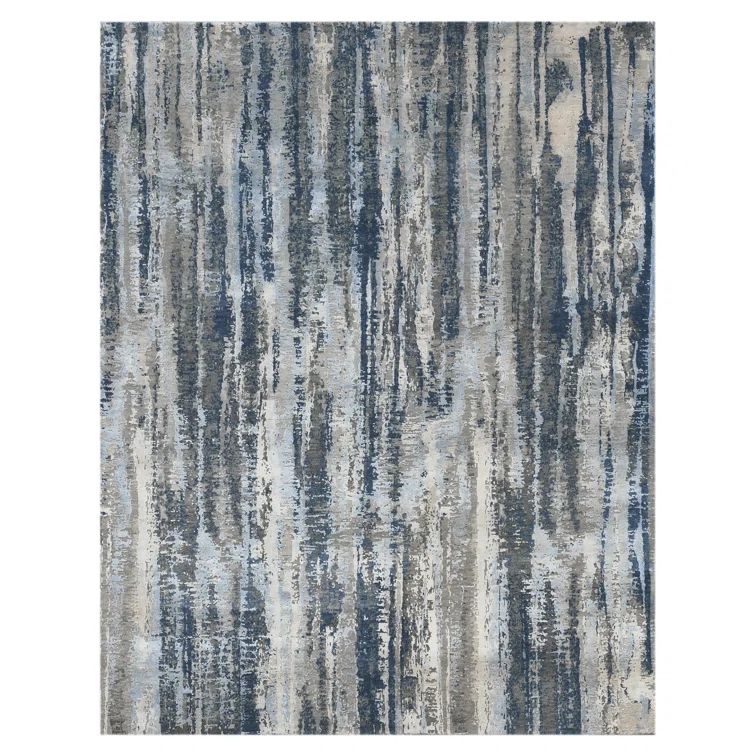 Hand-Knotted Blue and Gray Wool Silk Abstract Rug, 10' x 14'