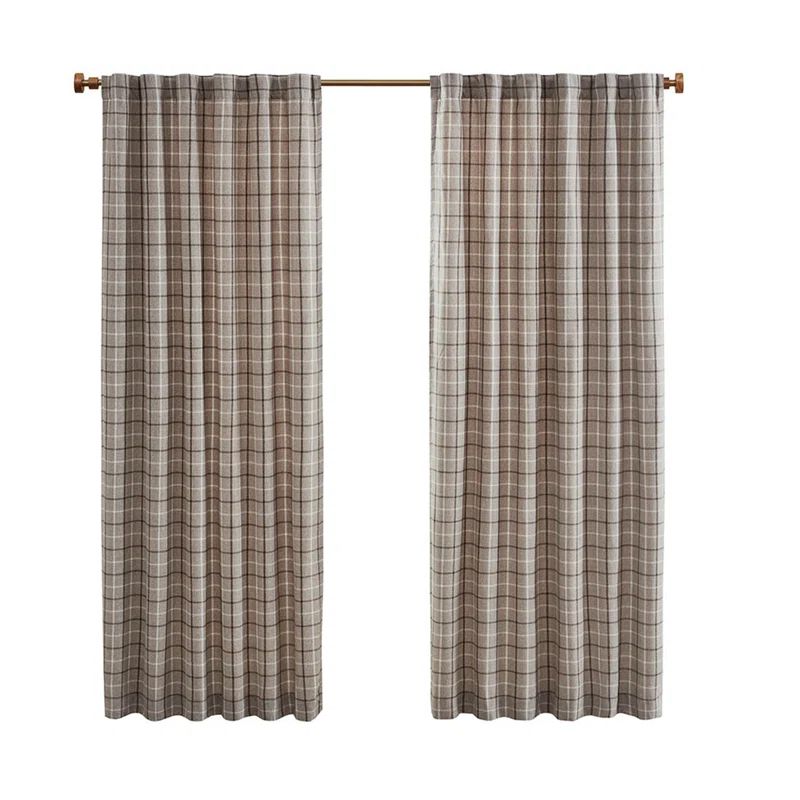 Brown Plaid Polyester Light-Filtering Curtain Panel with Fleece Lining