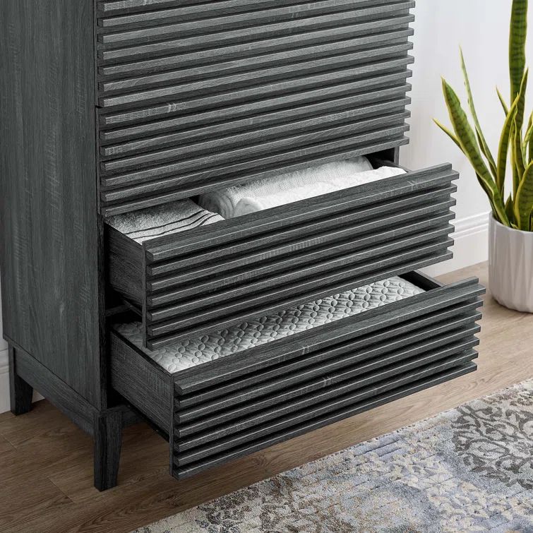 Charcoal Mid-Century 5-Drawer Dresser with Tapered Legs