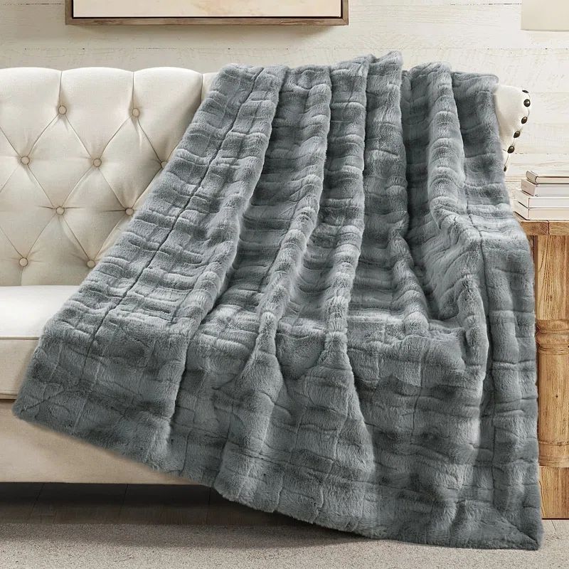 Gray Reversible Faux Fur and Microplush Throw Blanket