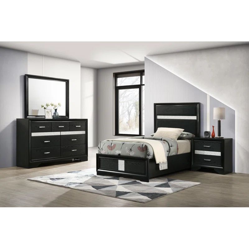 Miranda Twin Black 4-Piece Bedroom Set with Upholstered Headboard