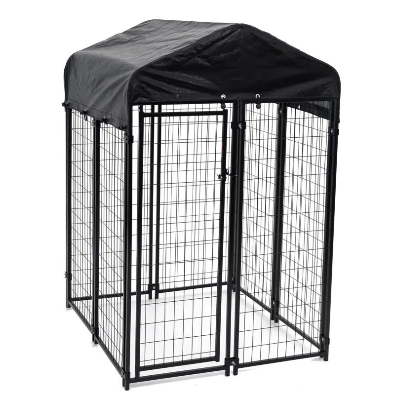 Black Powder-Coated Steel Dog Kennel with Waterproof Canopy