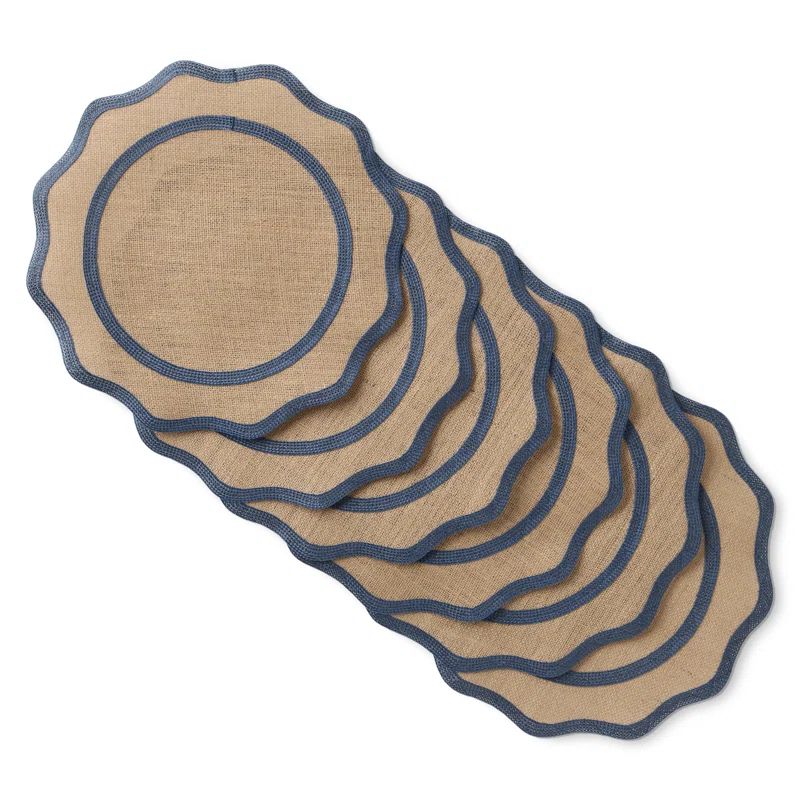 Natural Jute Round Placemats with Navy Scallop Border, Set of 6