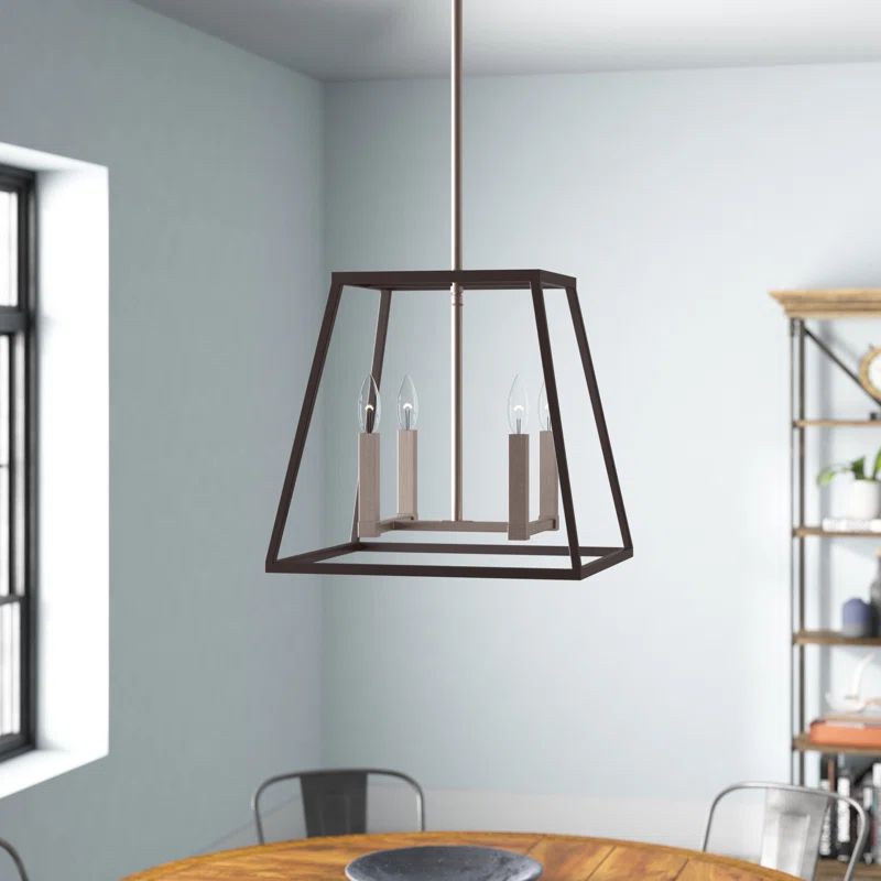 Aged Zinc Industrial Geometric 4-Light Chandelier with Nickel Accents