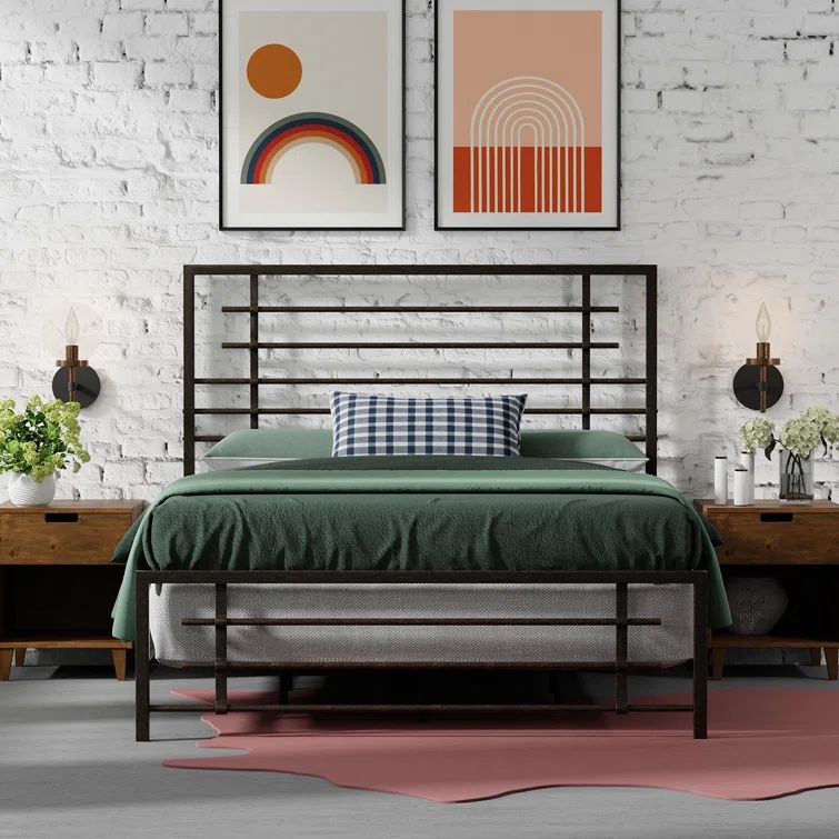 King Black Metal Bed Frame with Headboard and Slats