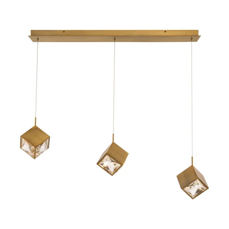 Aged Brass Crystal LED 3-Light Linear Pendant