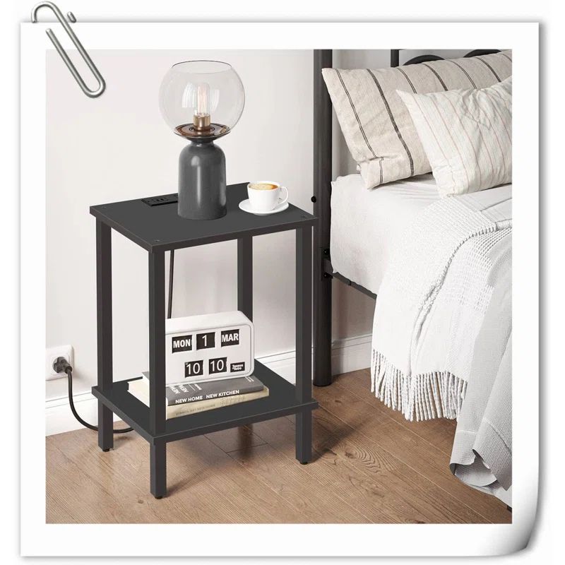 Black Metal 2-Tier Side Table Set with USB Ports