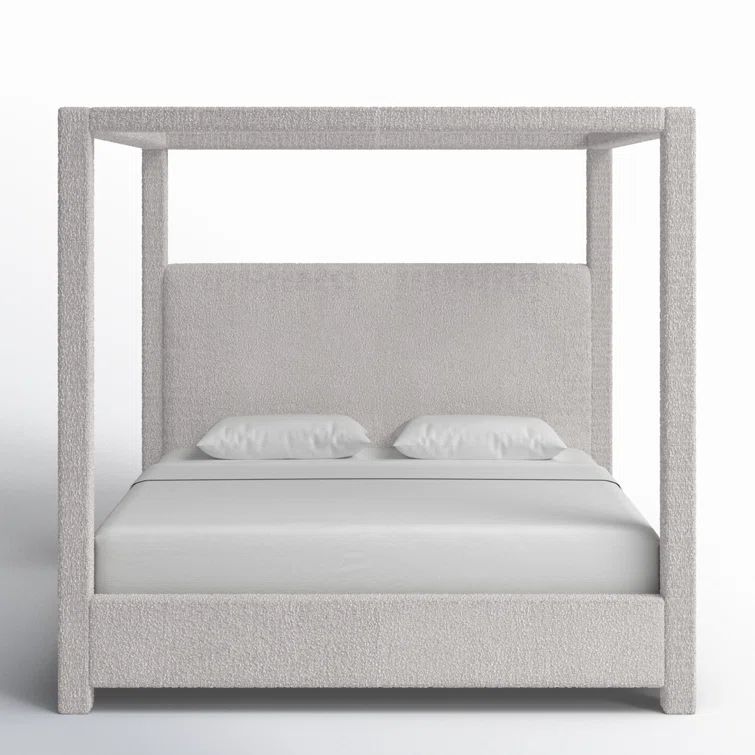 Cream Boucle Fabric King Upholstered Canopy Bed with Wood Frame
