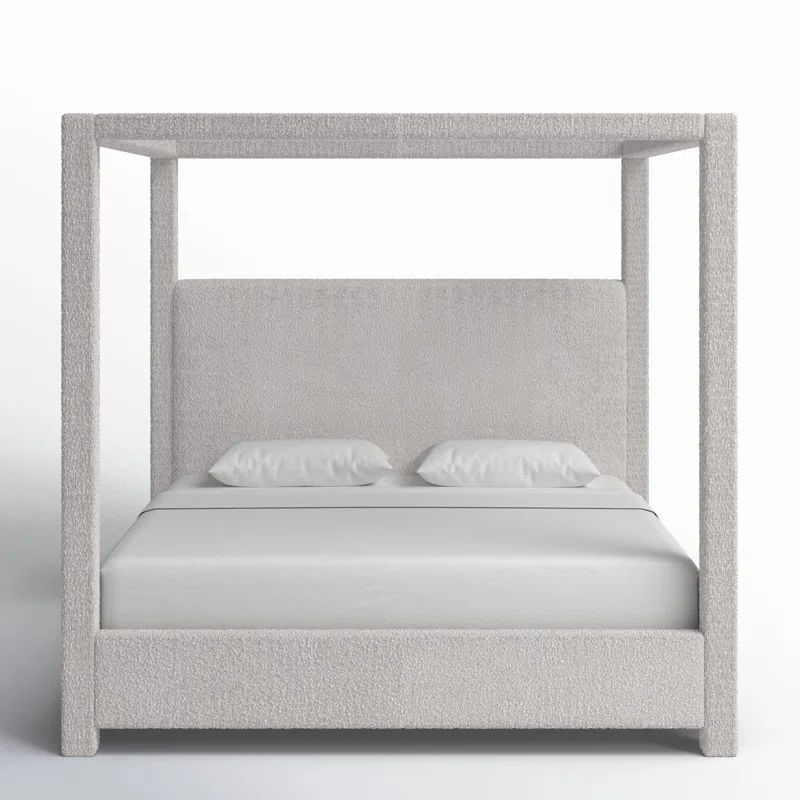 Cream Boucle Fabric King Upholstered Canopy Bed with Wood Frame