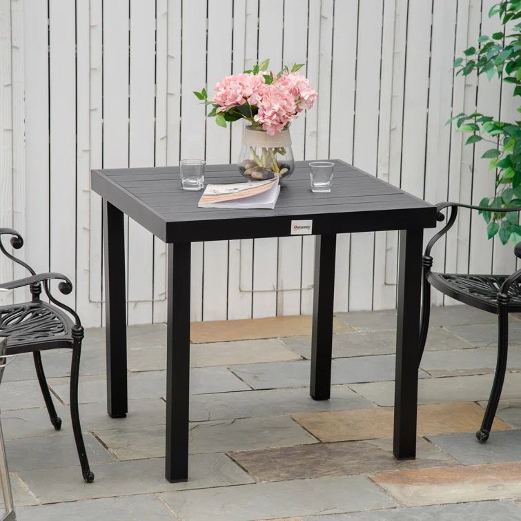 Black Aluminum Square Outdoor Dining Table with Wood-Like Top