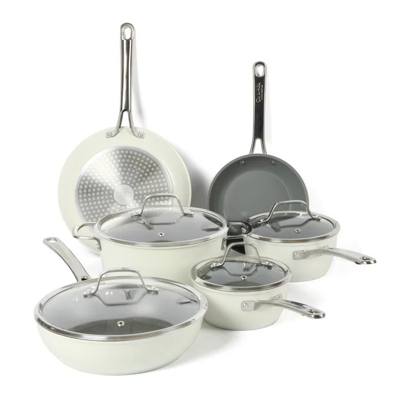 10-Piece Linen White Nonstick Aluminum Cookware Set with Glass Lids