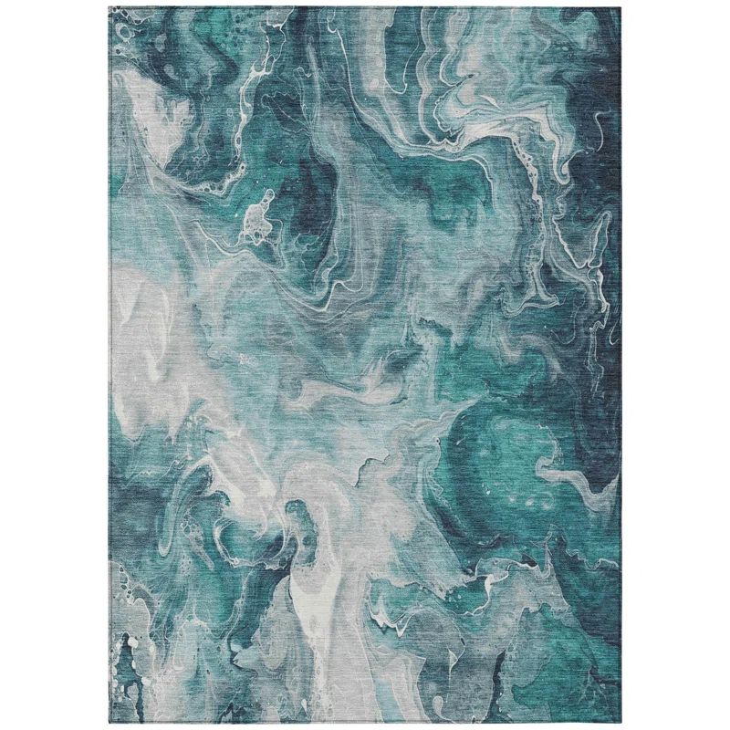 Teal Abstract Watercolor Machine Washable Indoor/Outdoor Rug