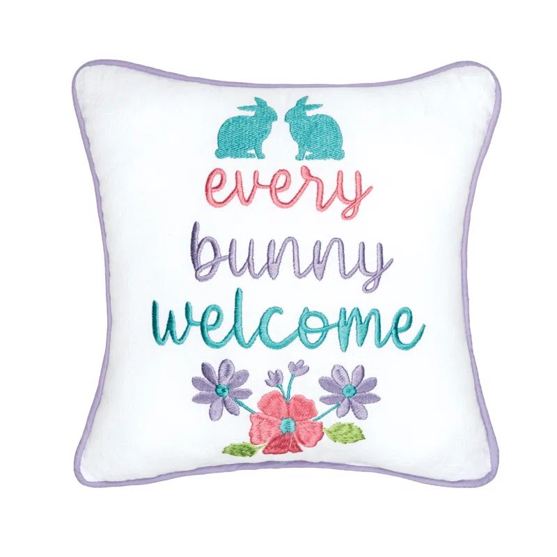 White and Purple Embroidered Square Cotton Throw Pillow