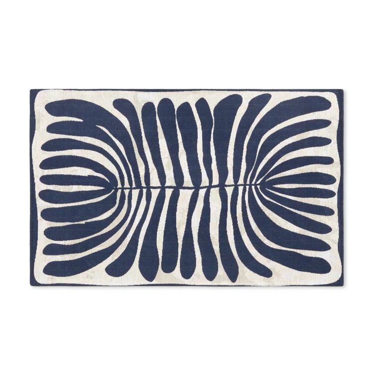 Navy Blue and White Cotton Polyester Non-Slip Decorative Rug