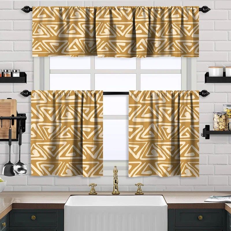 Mustard Yellow Polyester Boho Kitchen Valance and Tiers Set