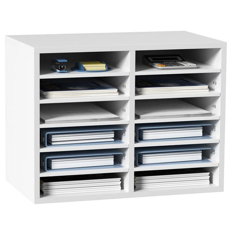 White Adjustable 12-Compartment Wood Literature Organizer