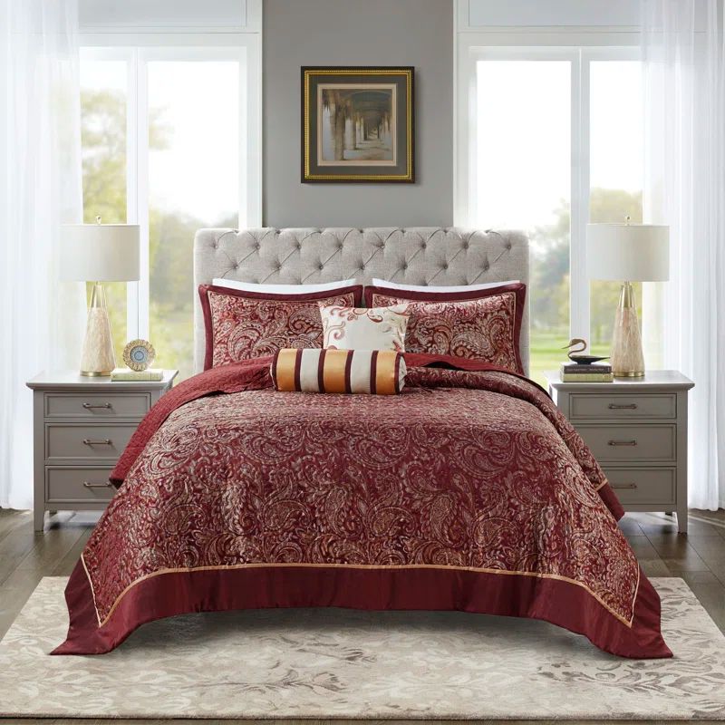 Burgundy Reversible Queen Microfiber Jacquard Bedspread Set