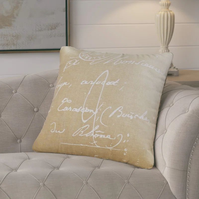 Cream Cotton French Script Square Throw Pillow 22" x 22"