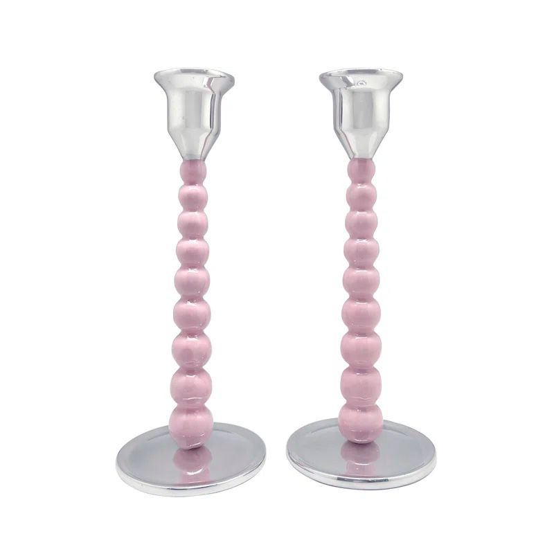 Mariposa Pink and Silver Aluminum Candlestick Set, 9"