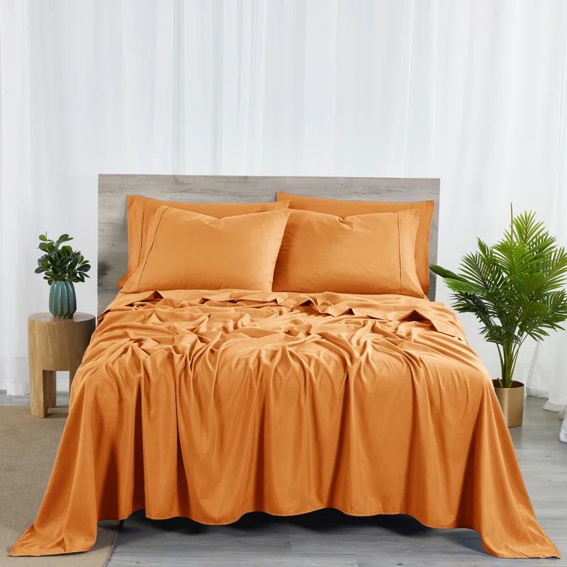 Pumpkin Orange Bamboo Queen Sheet Set with Microfiber Pillowcases