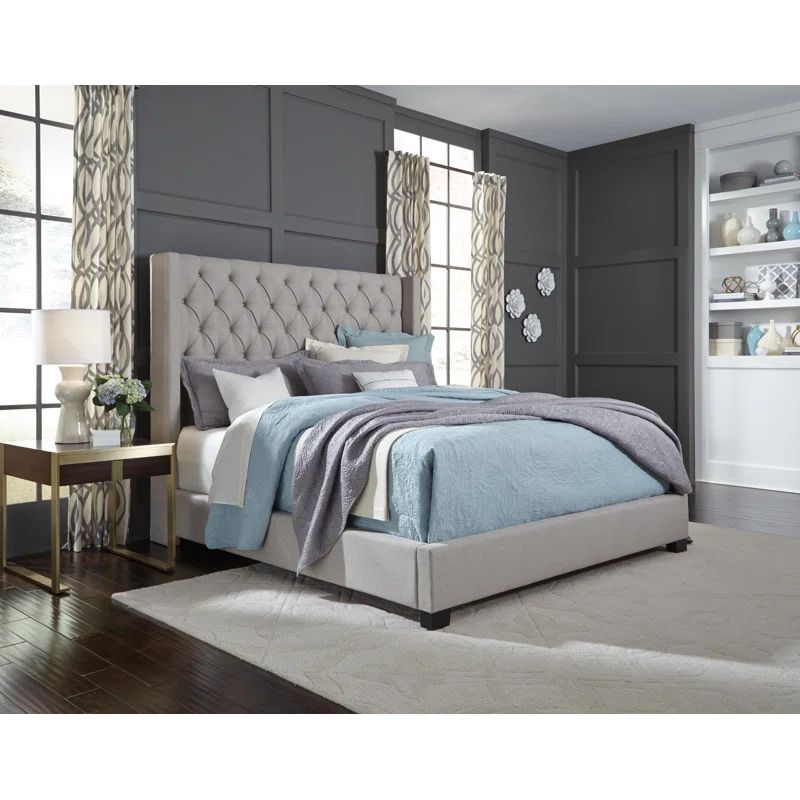 King Light Gray Tufted Upholstered Wingback Bed with Wood Frame