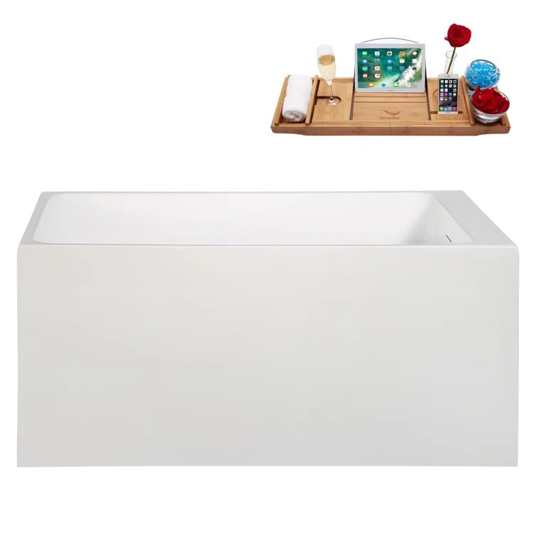 51" Glossy White Acrylic Freestanding Soaking Bathtub with Bamboo Tray