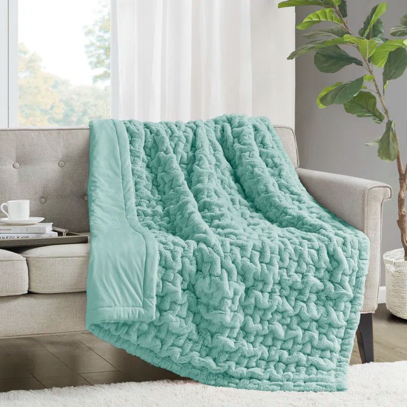 Aqua Ruched Faux Fur Reversible Throw Blanket 50x60"