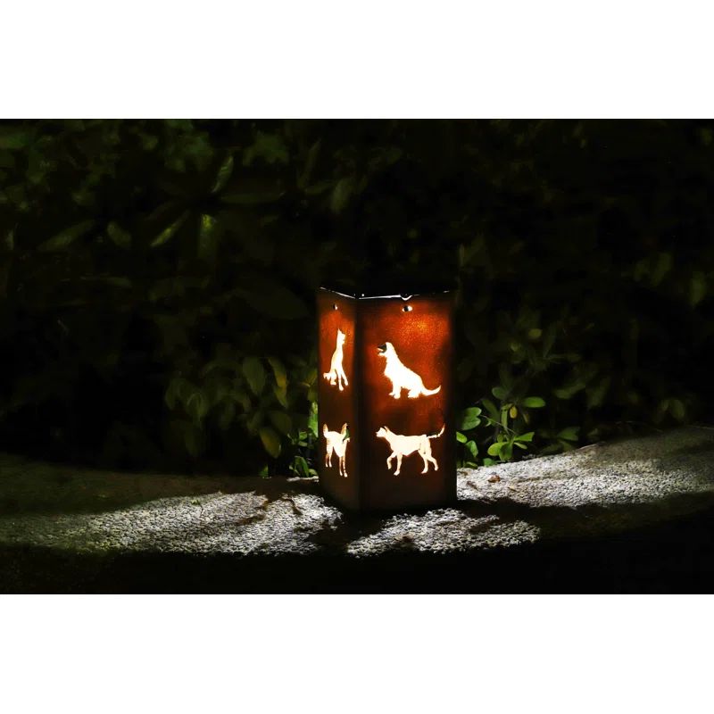 Brown Plastic Solar LED Outdoor Lantern with Dog Silhouettes