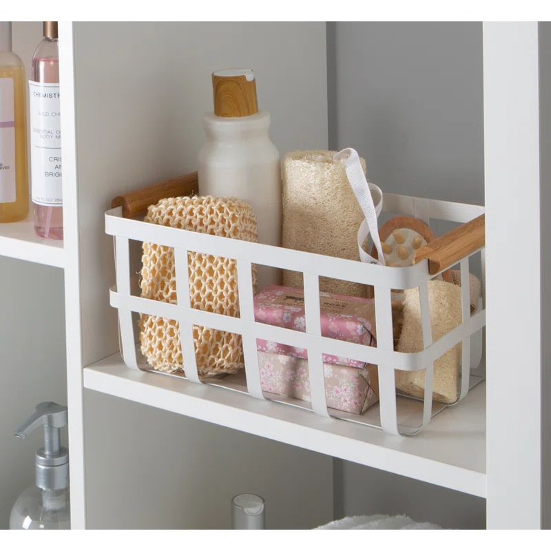Large White Metal Storage Basket with Bamboo Handles
