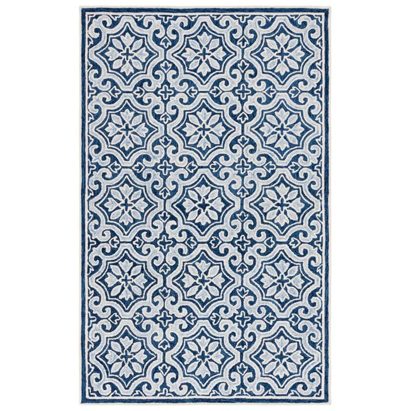 Handmade Ivory and Dark Navy Wool Cotton Rectangular Rug