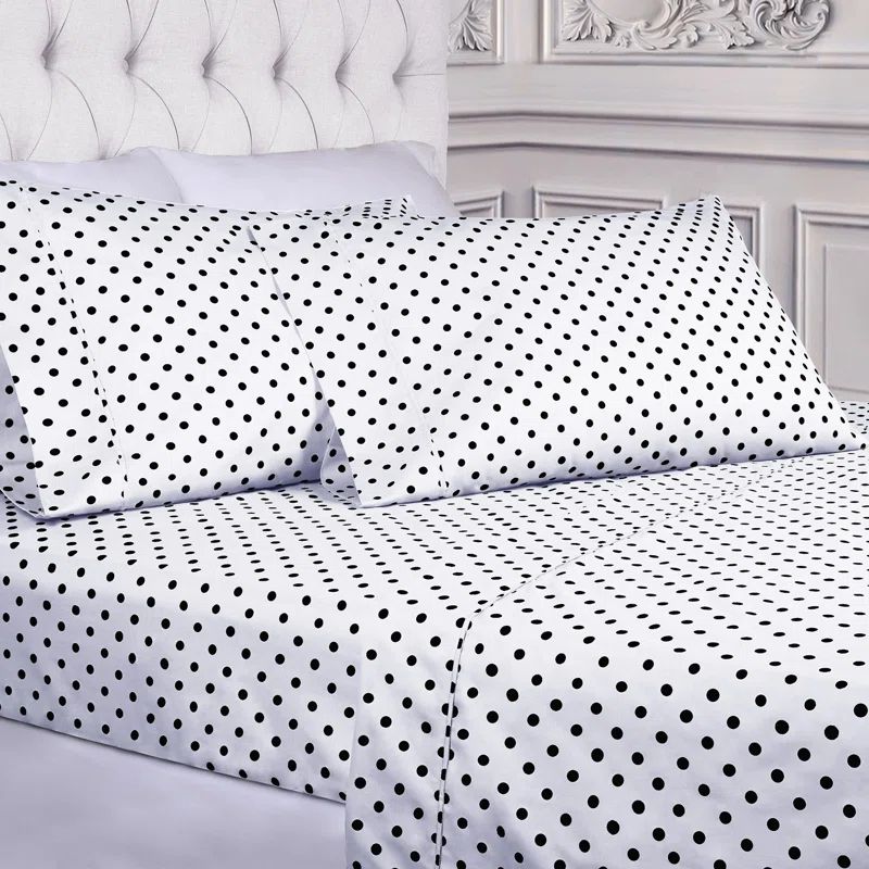 Twin XL White Cotton Polyester Deep Pocket Polka Dot Sheet Set