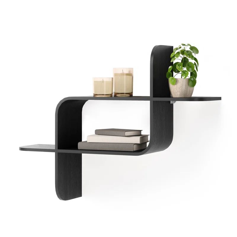 Black Rubberwood Modern Floating Wall Shelf Set