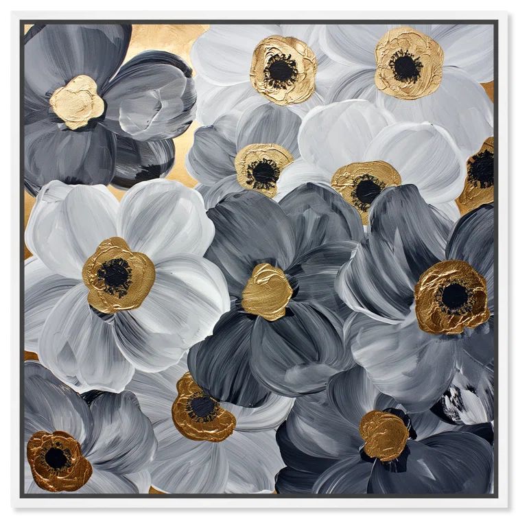 Gold and Gray Floral Canvas Print with White Frame, 25" x 25"
