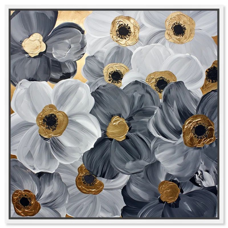 Gold and Gray Floral Canvas Print with White Frame, 25" x 25"