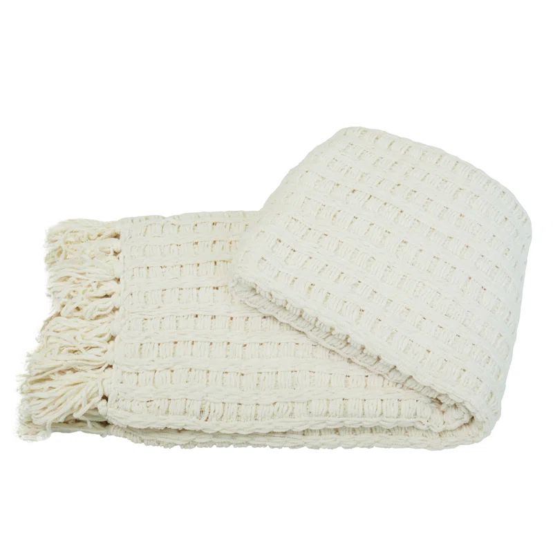 Ivory Knitted Polyester Throw Blanket, 60" x 80"